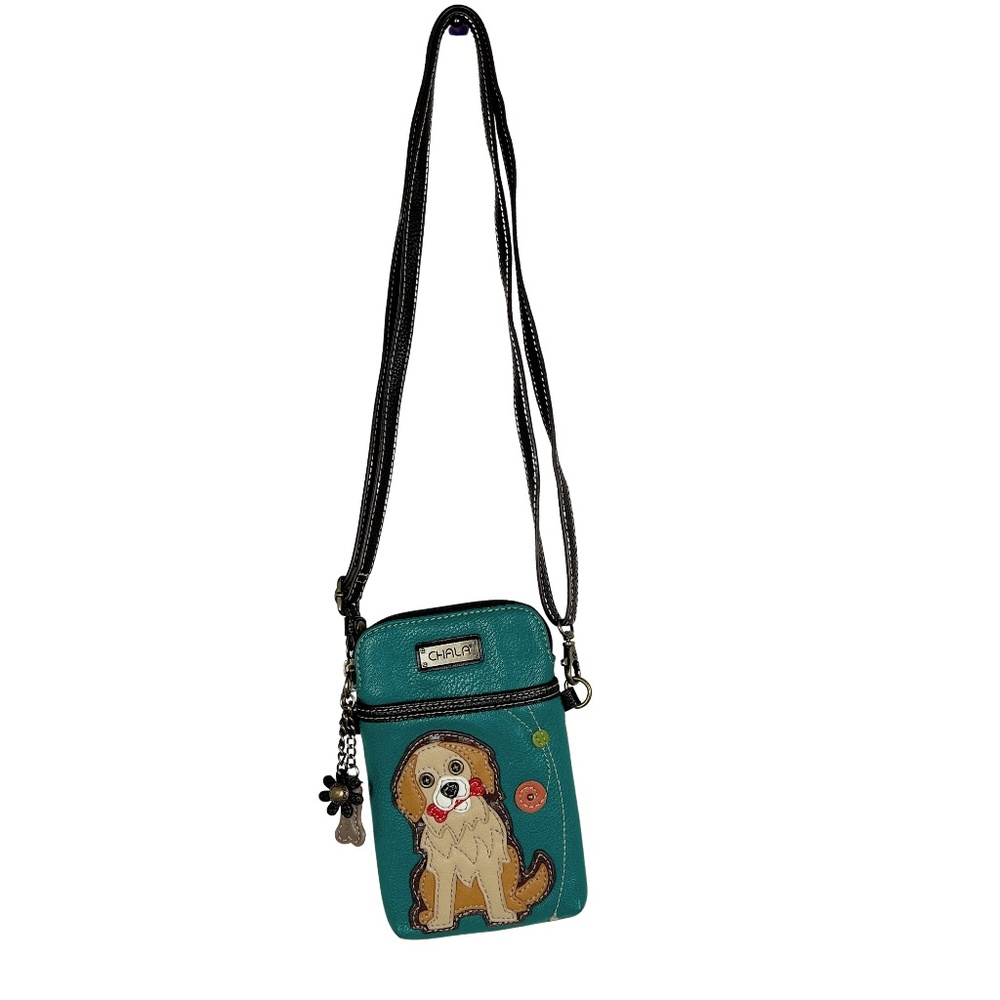 CHALA Crossbody Cell Phone Purse Teal Vegan Pebbled Leather Dog With a Bone - Picture 3 of 14